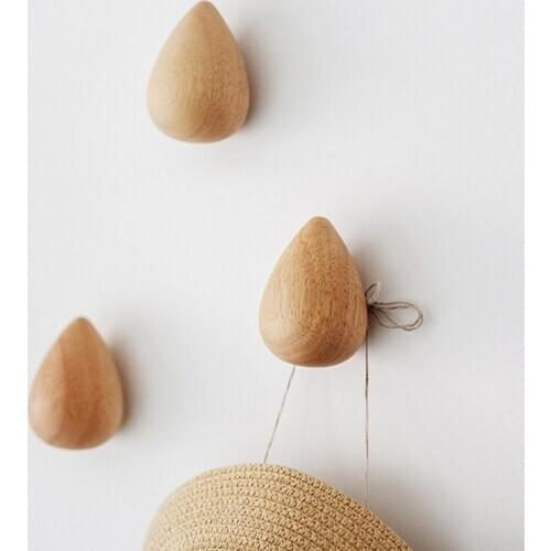 3pcs Nordic Solid Beech Wood Hook Creative Water Drop Wall Hook Wooden Coat Hook Bedroom Free Punch Key Hanger
