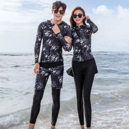 Fashion couples matching swimsuit wetsuit full body surf clothes for women and men Diving shirt hooded+crop top+legging skirt