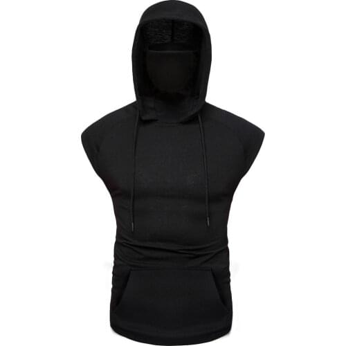 Mens Mask Button Sports Vest Hooded Splice Large Open-Forked Male Vest