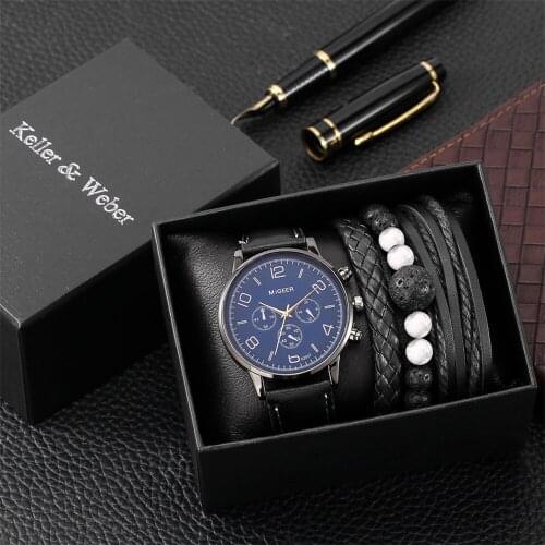 Keller & Weber Men Bracelet Watch Sets Male Birthday Gift Quartz Mens Wristwatch Present with 3 pcs Bracelets Gift Box Set 2021
