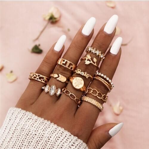 LETAPI 12pcs/set Gold Color Bohemia Wedding Rings Set Fashion Geometric Flower Star Arrow Hollow Crystal Knuckle Ring for Woman