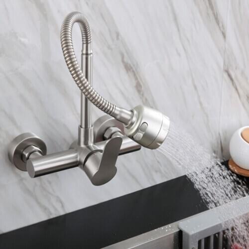 Wall Mounted Kitchen Sink Faucet 304 Stainless Steel Cold Hot Water Tap Mixer Any Direction Rotating Spray Faucets Dual Mode
