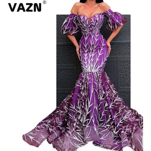 VAZN 2020 New Sexy Club High-end Heavy Industry Flaring Elegant Strapless Half Sleeve Women High Waist Mermaid Maxi Dress