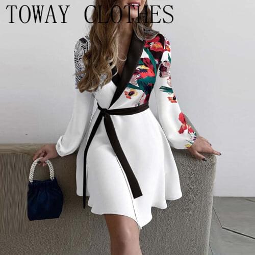 Women V-Neck Floral Print Colorblock Tied Detail Work Dress A Line Elegant Wrap Design Mini Dress For Women2021