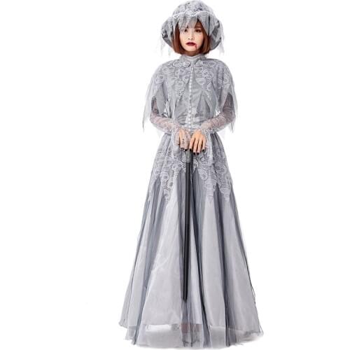 Gray Skeleton Ghost Women Halloween Corpse Bride Costumes Female Zombie Walking Dead Scary Cosplay Purim Role Play Party Dress