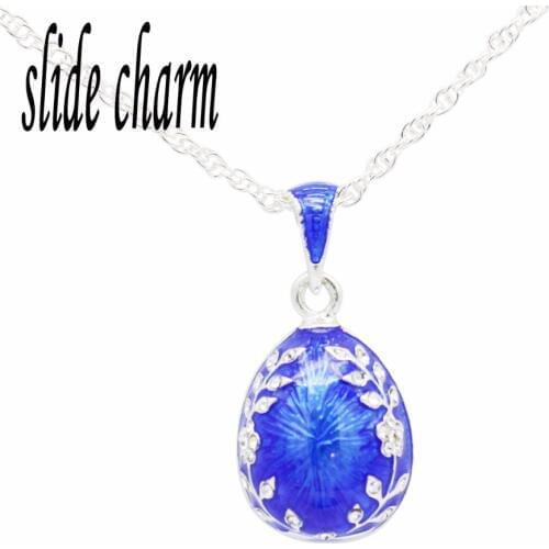 Slide charm Free shipping Blue Enamel Easter Russian Egg Pendant Necklace with Crystal Jewelry Valentines Day gift