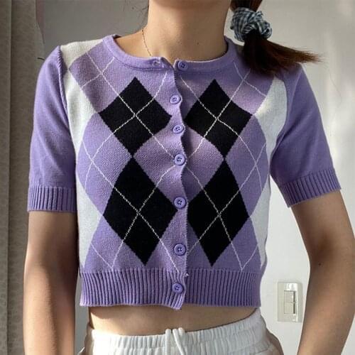 Vintage Tshirts All Match Single-Breasted Knitted Tee Shirt Femme Clothing Fashion Women Casual Tops Round Neck Short Sleeve