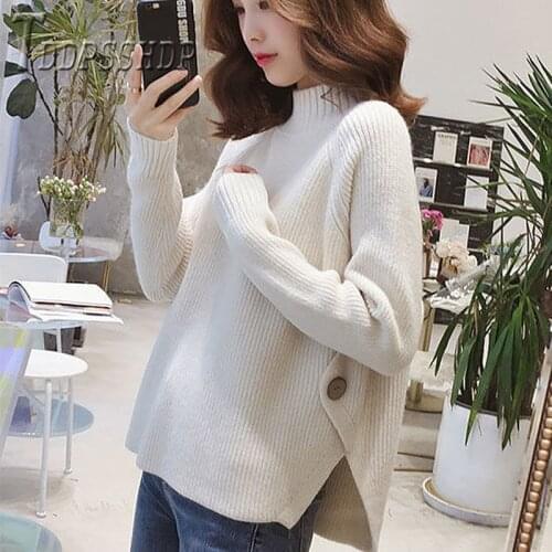 Turtleneck Warm Pullovers Slit Long Sleeve Solid Color Fashions Woman Womens Sweater