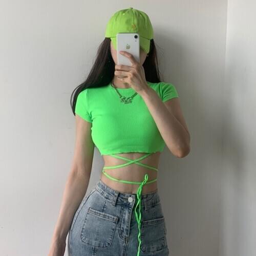 New 2021 Summer Fashion Knitting Elasticity Exposed Navel Short O Neck Bow Bandage Sexy Womens Girl Female T Shirt Tops E216
