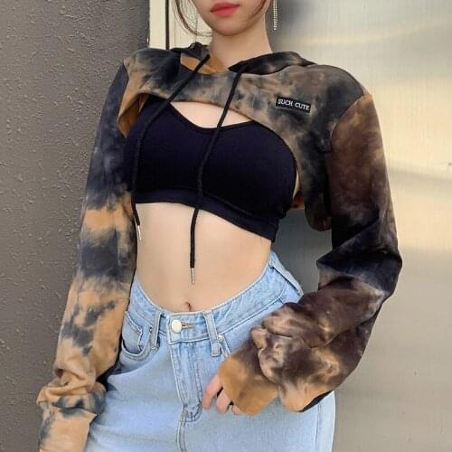 Ladies Fashion Short Hoodie Long-Sleeved Personality Tie-Dye Blouse Hip-Hop Street Trendy Short Sweater Loose Casual Clothes