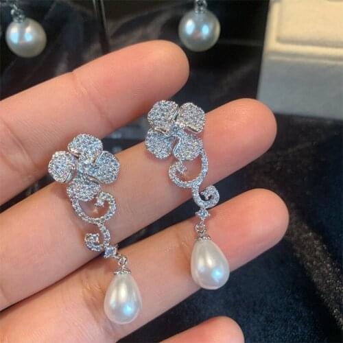 Top Quality New Cute Zirconia Pearl Pendant Camellia Flower Earrings Sterling Silver Studs Jewelry for Women Bride Gift