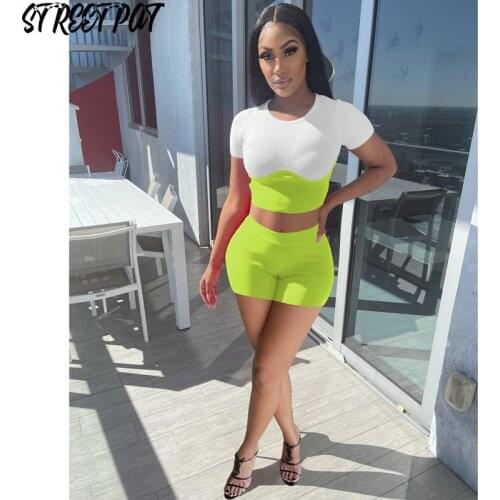 Solid Patchwork Two Piece Set Women Tracksuit Crop Top+Biker Shorts Sets Elastic Sport Casual Jogging Femme Outfits Summer 2021