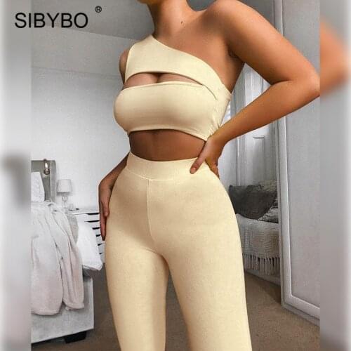 Sibybo Black Casual Women Tracksuit 2 Piece Sets One Shoulder Cut-Out Crop Top High Waist Gym Leggings Suit Femme Summer Outfits