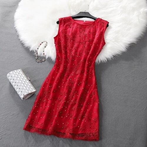 Vintage A-line Print Sleeveless Beading Knee-length Tank O-neck red Club Sexy embroidery Summer Dress Women Dress Vestidos