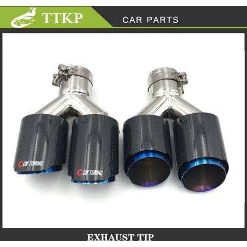 2PCS Universal Glossy Straight Carbon Stainless Steel Dual tip Unequal length Muffler Pipe End Tail Middle Exhaust Tip With Logo