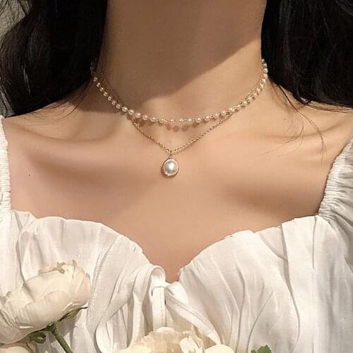 2021 New Fashion Choker Romantic Pearl Choker Pendant Necklace Cute Double Layer Chain Pendant Women Jewelry Girl Party Gift