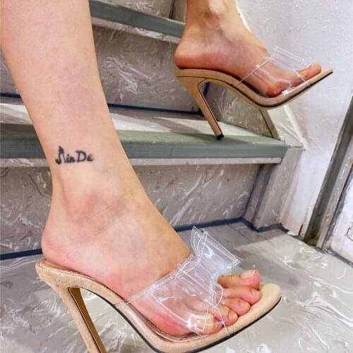 2021 PVC Transparent Sweet Bowtie Jelly Shoes Woman Slippers Sexy High Heels Peep Toe Gladiator Sandals Slides Big Size 35-42