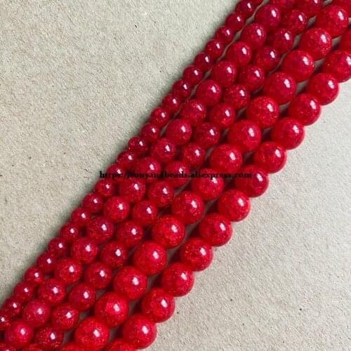 Natural Stone Red Color Dyed Snow Cracked Crystal Round Loose Beads 15" 4 6 8 10 12MM Pick Size For Jewelry Making DIY