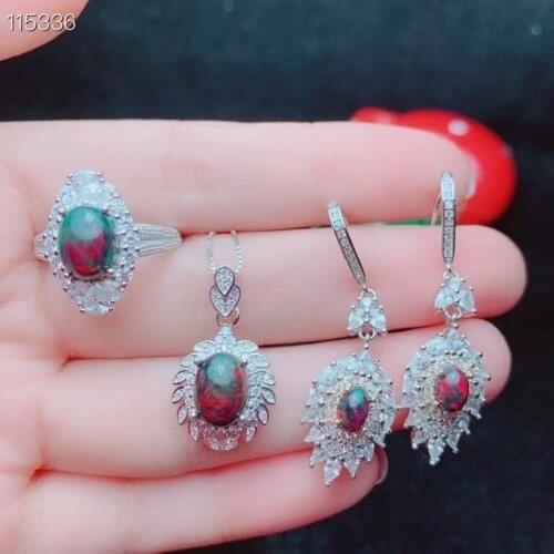 Black Opal Set Natural Opal Jewelry Set Natural Real Opal 925 Sterling Silver 1pc Pendant,1pc Ring,2pcs Earring