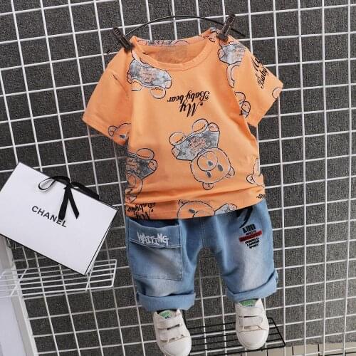 2021 new summer short sleeve childrens suit cartoon print collar short sleeve denim shorts two piece Toddler Boy T-Shirt + jean