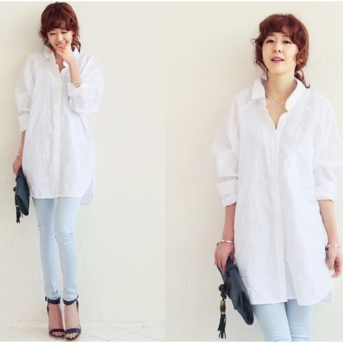 Droppshiping Women Cotton Linen Long Sleeve Solid Color Loose Tunic Shirt Blouse for Summer d88