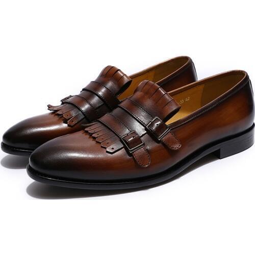 Breathable European Style Mens Loafers Genuine Leather Double Buckle Monk Strap Shoes Wedding Party Banquet Slip On Men Footwear