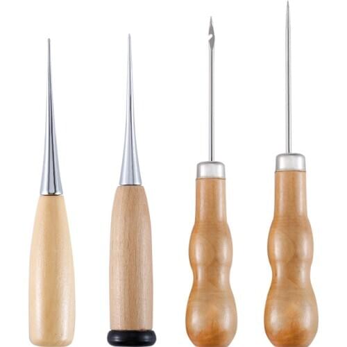 KAOBUY 4Pcs/Set 4 Styles Gourd Canvas Leather Sewing Shoes Wood Handle Tool Awl Hand Stitching Taper Needle Tool Craft