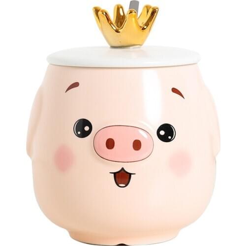 Cute Crown Piggy Pattern Coffee Ceramic Cup with Wooden Lid and Stainless Steel Spoon Cartoon Mug Student Drinking Festival Gift