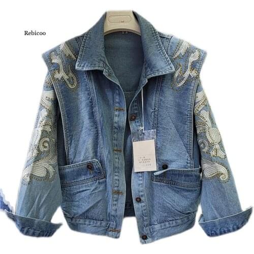 Women Long Sleeve Denim Jacket Rhinestone Embroidery Single Breasted Short Coat Spring Street Blue Straight Solid Color