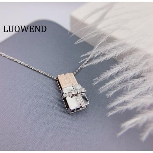 LUOWEND 100% 18K White Gold Pendant Necklace Real Natural Diamond Pendant for Women Engagement Necklace Gift Box Shape