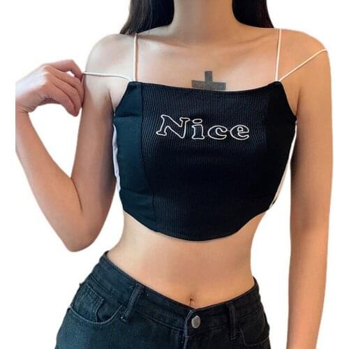 2020 New Crop Tops Womens Sexy Tank Top Sleeveless Backless Letter Print Rib Knit Skinny Camisole Irregular Fashion Short Tops