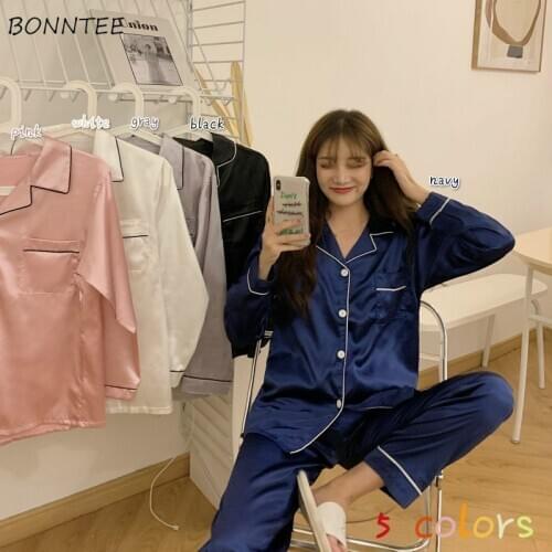 Pajama Sets Women Silk Sleepwear Long Sleeve Oversized Fashion Girl Nightwear New Ins 2020 Pjs Soft Design Chic Navy Blue Couple