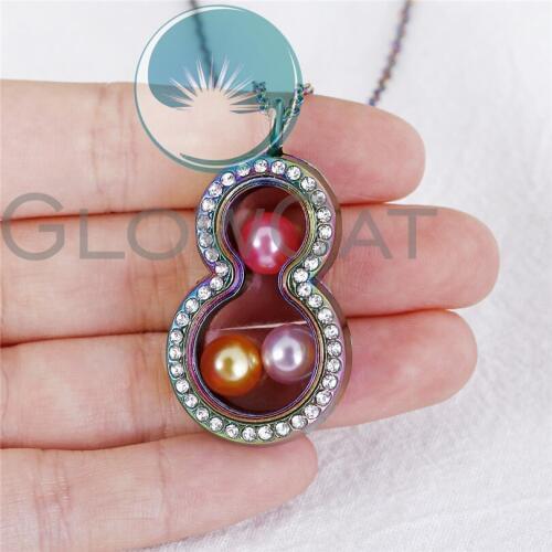 Floating Locket Pendant 50cm Steel Chain Rainbow Number 8 Gourd Rhinestone Floating Glass Locket Necklace Mothers Day Gift