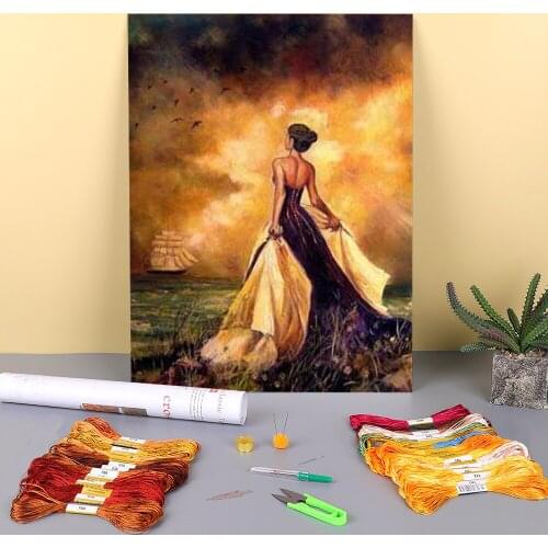 Portrait Woman Printed Water-Soluble Canvas 11CT Cross Stitch Patterns DIY Embroidery DMC Threads Needlework Wholesale