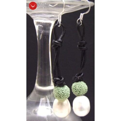 Qingmos 10-11mm Rice Natural FreshWater White Pearl Earring for Women with Green Lava Rock Dangle Earring Leather Cord Earring