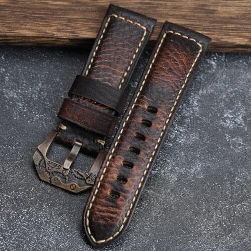 Handmade Brown-Red Leather Watchband Suitable For Bronze Watch Bracelet, 22 24 26MM Italian First Layer Cowhide