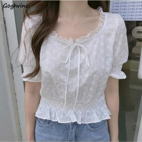 Shirts Women Puff Sleeve Summer Lace Bow Shirt Womens Short Retro Chic Ulzzang Tops Female Ins Fashion Gentle Designer Clothing