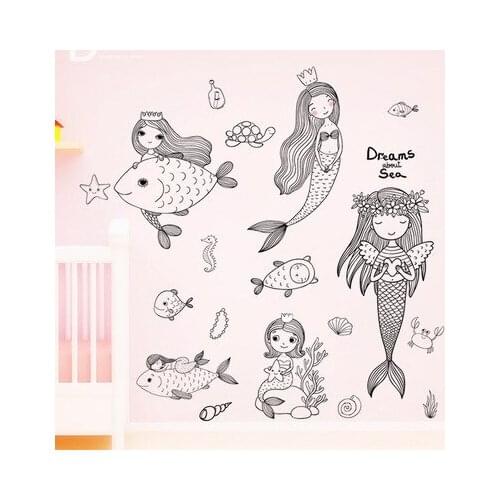Mermaid Childrens Wallpaper Wall Stickers Girl Wall Decals Bedroom Wall Decals Bathroom Decor Kids Room Decoration Wall Art