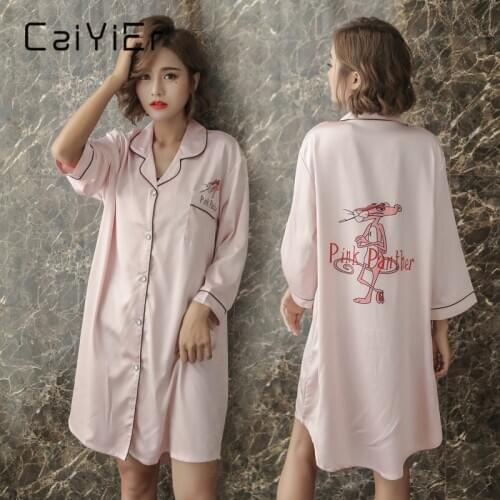 CAIYIER Silk Sexy Night Dress Women Sleepwear Pink Naughty Leopard Print Lingerie Sleeping Dress Winter Nighty For Ladies M-2XL