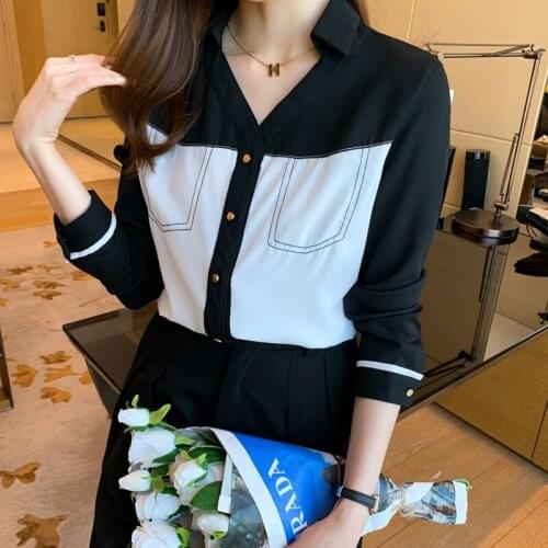 Chikichi 2021 Spring and Autumn New Korean Fashion Lapel Contrast Temperament Chiffon Shirt Top Cardigan Long Sleeve Blouse