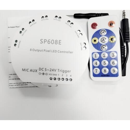 DC5V-24V SP608E Music Controller 8CH Signal Output SK6812 WS2812B LED Light Strip Built In Mic IOS Android Bluetooth App Control