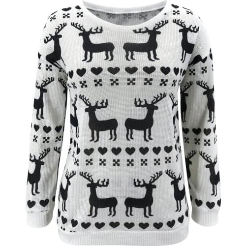 Women Casual Christmas Sweater 2021 Winter Classic Deer Printed Knitted Pullovers Streetwear Long Sleeve Jumpers Black White