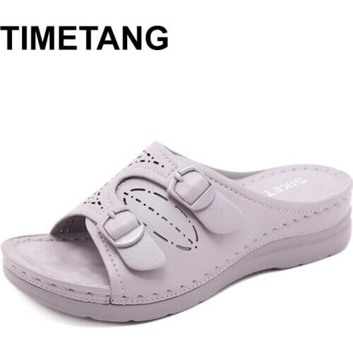 TIMETANG2021 Summer Women Wedge Sandals Premium Orthopedic slippers Vintage Anti-slip Leather Casual Female Platform Retro Shoes