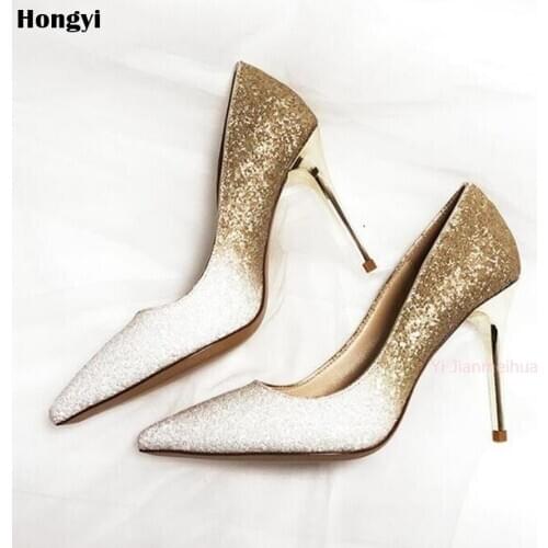 Fashion Slip On Crystals Bling 10cm Heeled Pumps Women Elegant Thin High Heels Point toe Party Wedding Shoes Woman Glod Sliver
