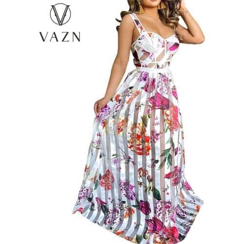 VAZN 2021 Top Quality Chiffon Holiday Retro Print Spaghetti Strap Sleeveless Joker Womens High Waist Ball Gown Maxi Dress
