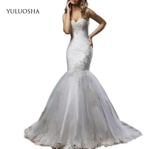 YULUOSHA New Mermaid Wedding Dress Sleeveless Boat Neck Backless Bridal Gowns Flowers Appliques Mariage Gowns Vestidos De Verano