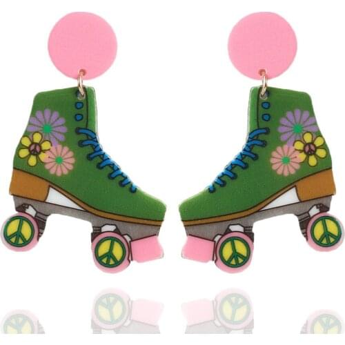 New Punk Colorful Acrylic Roller Skate Earrings For Women Vintage Print Flower Dangle Earrings Fashion Party Jewelry Accessories