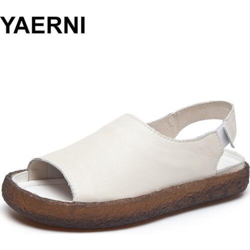 YAERNI 2018 New Summer Genuine Leather Women Flats Sandals Casual Slip On Summer Shoes Woman Retro Female Sandals Shoes E566