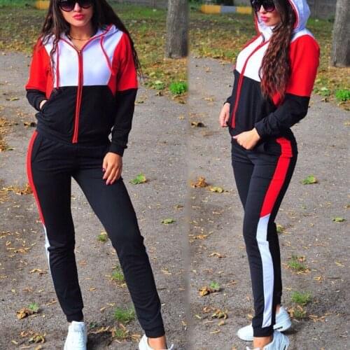 Woman Pants Color Stitching New Style Knitted 2-Piece Leisure Sports Suit Ladies Hoodie Zipper Lace-up Top+ Female Long Pants