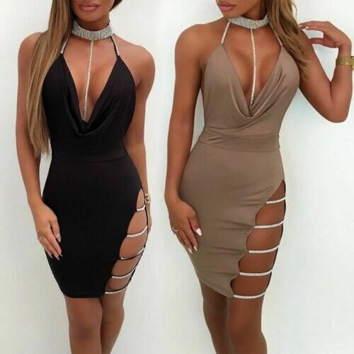2019 New Summer Women Sexy Chocker Cocktail Club Dresses Bandage Bodycon Cut Out Sleeveless V neck Party Short Mini Dress